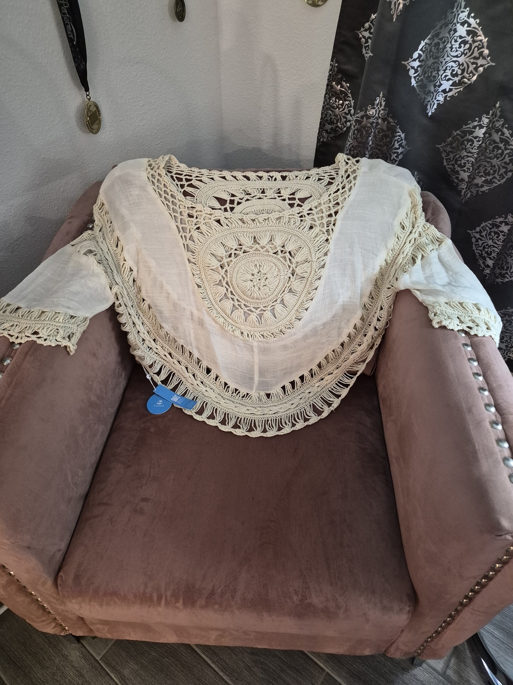 Cream Crochet Throw with Intricate Medallion Design -